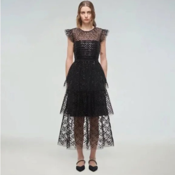 SELF-PORTRAIT Sequined Tiered Midi Sleeveless Black Dress - Picture 1 of 7